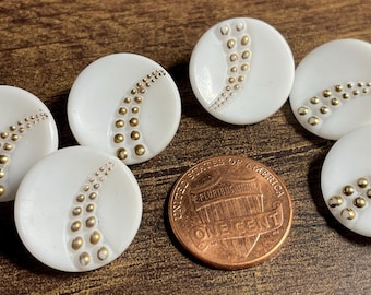Lot of 6 Vintage NOS Glossy Shiny White Glass With Gold Embellishment Shank Buttons 18mm 11/16" 16138
