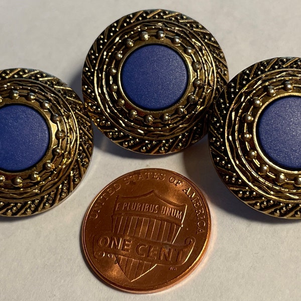Set of 3 Antique Brass Tone Electroplated Metallized Plastic Shank Buttons Purplish Blue Center 23mm 7/8" 13329