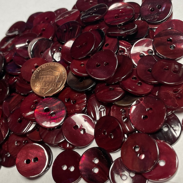 8 Beautiful Vintage Slightly Curved Glossy Iridescent Dyed Burgundy Red Abalone Natural Shell 2-hole Buttons 15mm Almost 5/8" 12793