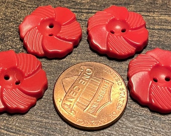 Set of 4 Vintage Glossy Red Plastic 2-hole Sew-through Flower Buttons Note The Penny For Size 17.5mm 11/16" 14333