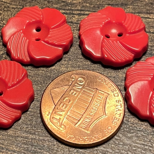 Set of 4 Vintage Glossy Red Plastic 2-hole Sew-through Flower Buttons Note The Penny For Size 17.5mm 11/16" 14333