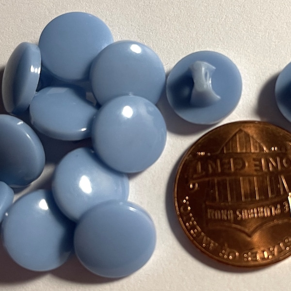 12 Vintage Small Tiny Slightly Domed Glossy Dusty Blue Plastic Shank Buttons 10mm Just Over 3/8" 14405