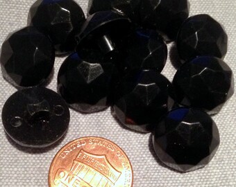 12 Domed Faceted Shiny Black Plastic Shank Buttons 15mm Just Over 9/16" # 7790