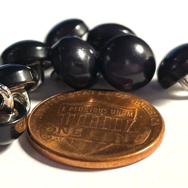 Set of 8 Beautiful Small Tiny Teeny Domed Glossy Black Plastic With Metal Shank Buttons 9mm Almost 3/8" 14631