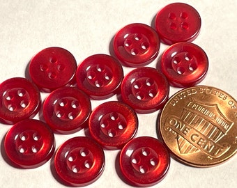 Set of 12 Vintage Pearlized Red 4-hole Sew-through Rimmed Plastic Buttons 11mm 7/16" 13260