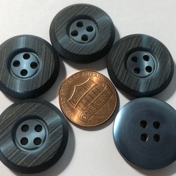 Set of 5 Vintage Recessed Center Carved Rim Matte Muted Dark Blue / Gray 4-hole Sew-through Plastic Coat Buttons 22mm 7/8" 11573