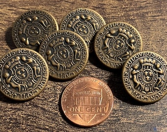 Set of 6 Vintage Flat Top Antique Brass Tone Metal Hollow Puffed 2-Piece Construction Shank Heraldic Crown Shield Buttons 3/4" 19mm 15837