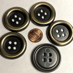 Set of 5 Large Rimmed Very Dark Gray & Brass Tone 4-hole Sew-through PLASTIC Buttons 35mm 1 3/8" 12886