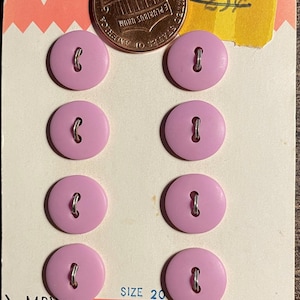 Set of 8 Vintage NOS On Card Matte Dull Lavender 2-hole Sew-through Plastic Buttons 12mm Almost 1/2&quot; 16033
