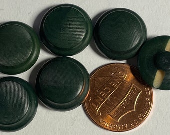 Set of 6 Vintage NOS Slightly Domed Dark Green Subtle Texture Imitation Fabric Plastic Shank Buttons Almost 5/8" 15mm 14860