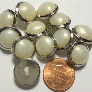 12 Domed Shiny Silver Tone Plastic Faux Pearl Shank Buttons Almost 5/8&quot; 15mm 3597