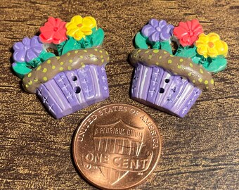 Set of 2 Vintage NOS JHB Purple Multi-color Hand-painted Resin Plastic Flower Pot Buttons 2-hole Sew-through 1" 25.5mm Tall 16156