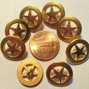 Lot of 8 Pierced Gold Tone Metal Shank Buttons Almost 5/8&quot; 15.3mm Star 9543
