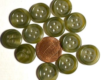 Set of 12 Vintage Muted Green Plastic 4-hole Buttons 9/16" 14.5mm 17638