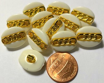 12 Oval Glossy Cream & Shiny Polished Gold Tone Plastic Shank Buttons 5/8" 16mm Long 3583
