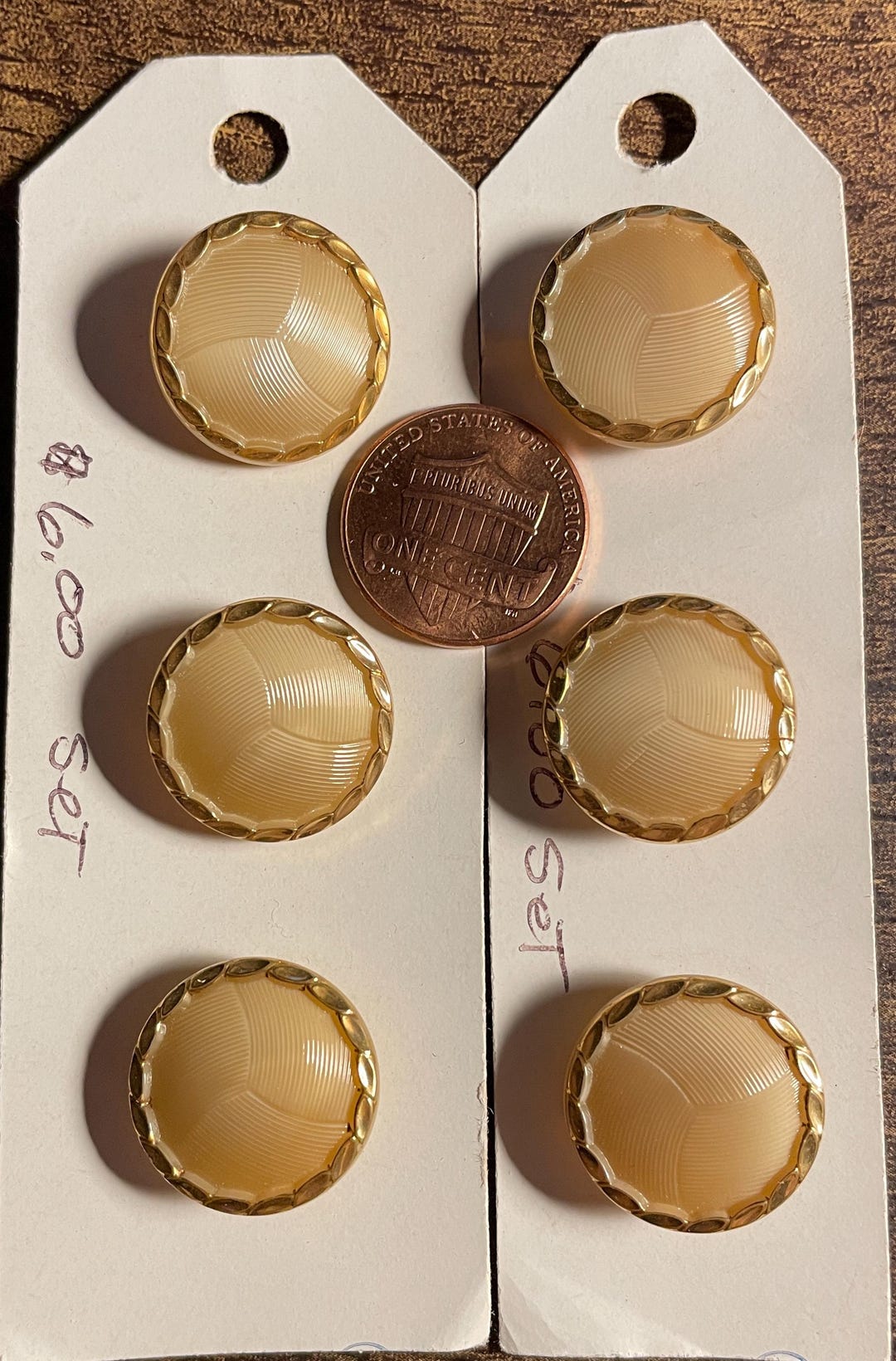 Shank Button Gold Rim Lot of 6 Vintage NOS Slightly Domed Beige With Gold Tone Rim Glass ...