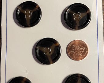 Set of 5 Vintage NOS Rimmed Glossy Dark Brown With Lighter Veins 4-hole Sew-through Plastic Buttons 1" 25mm 15411