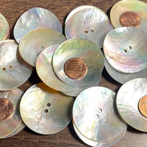 May include: A collection of round, iridescent mother-of-pearl buttons with two central holes. Several copper-colored one-cent coins are placed on top of the buttons to provide a sense of scale for the circular shell fasteners.