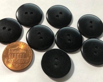 Set of 8 Glossy Black Slightly Domed Top Sew-through 2-hole Plastic Buttons 3/4" 19mm 11545