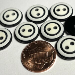 Set of 8 Glossy White & Black Plastic 2-hole Sew-through Buttons Just Over 9/16&quot; 15mm 12640