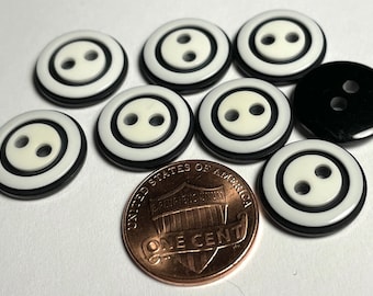 Set of 8 Glossy White & Black Plastic 2-hole Sew-through Buttons Just Over 9/16" 15mm 12640