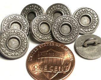 Set of 8 Small Silver Tone Metal Shank Buttons Flat Top 12mm Almost 1/2" 12737