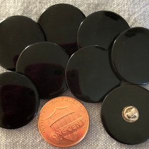 8 Retro Vintage Shiny Glossy Black Plastic Shank Buttons Almost 7/8&quot; 21.5mm # 6975
