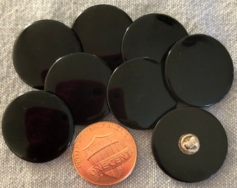 8 Retro Vintage Shiny Glossy Black Plastic Shank Buttons Almost 7/8" 21.5mm # 6975