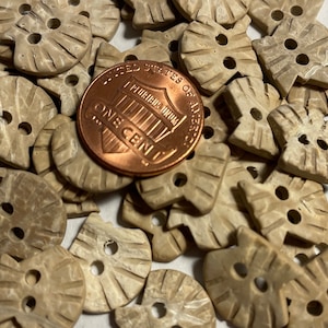 May include: A pile of small, beige, decorative buttons with a textured surface. The buttons are shaped like a stylized flower with two holes in the center. A penny is included for scale.