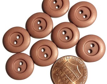 Set of 8 Vintage NOS Wide Rimmed Matte Dull Brown 2-hole Sew-through Plastic Buttons 14.5mm 9/16" 15857