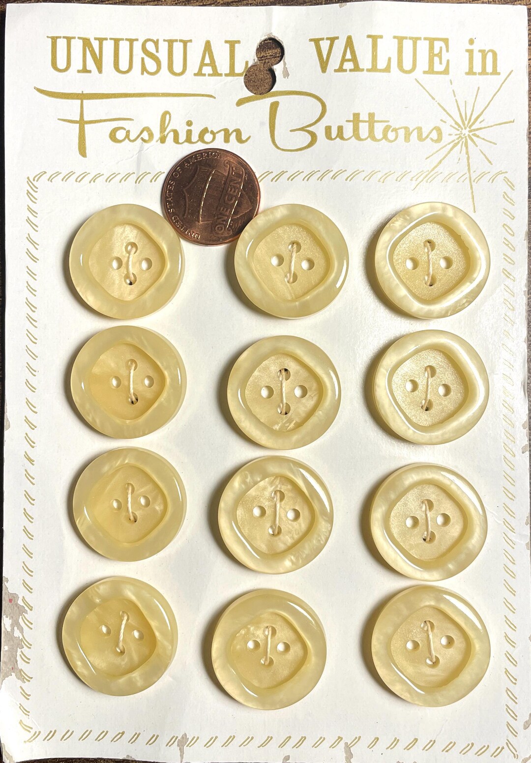 Set of 12 Vintage Beige Plastic 4-hole Buttons 7/8