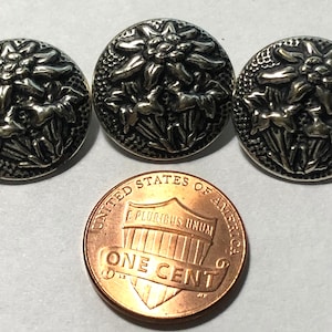 Set of 3 Rare Vintage Domed Silver Tone Metal Floral Shank Buttons 18mm Just Over 11/16&quot; Stamped GES VW GESCH Made in Austria 11333