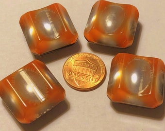 4 Vintage Retro Rectangular Almost Square Thick Glossy Pearlized Orange White Black Plastic Shank Buttons 23.5mm Just Over 7/8" Long # 11100