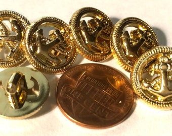 Set of 6 Pierced Shiny Gold Tone Plastic Shank Buttons Anchor Nautical 9/16" 15mm 11428