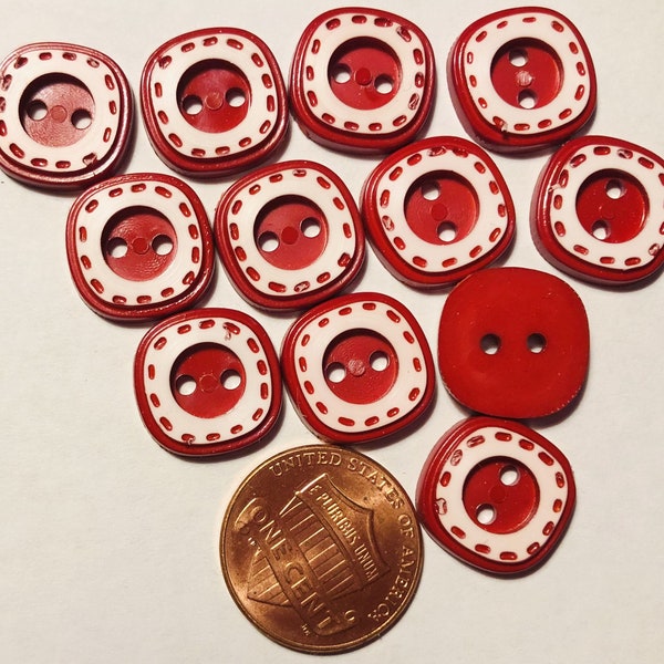 Lot of 12 Square Red & White Plastic Buttons Sew-through 2-hole Almost 9/16" 14mm # 6239