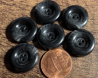 Set of 6 Vintage NOS Thick Wide Rimmed Glossy Black Gray Swirl 2-hole Sew-through Plastic Buttons 18mm 11/16" 15913