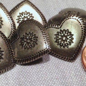 Lot of 8 Dark Silver Tone Slightly Domed Shiny Metal Shank Heart Buttons 11/16&quot; 17mm # 7450
