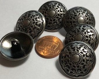 Set of 6 Beautiful Domed Antique Silver Tone Metal Shank Buttons Almost 15/16" 23.5mm 12173