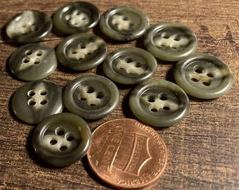 Set of 12 Vintage Muted Green Beige Plastic 4-hole Buttons 9/16" 14.8mm 17640