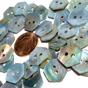8 Pcs Only! 8 Dyed Pale Muted Blue Hexagon Honey Comb Shape Abalone MOP Mother of Pearl Shell Sew-through Buttons 13.5mm Almost 9/16" 13563