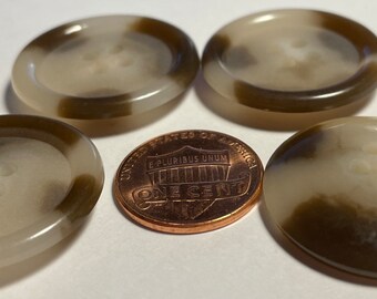 Set of 4 Vintage Rimmed Beige Brown 4-hole Sew-through Plastic Coat Buttons 28mm Almost 1 1/8" 13435