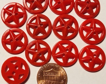 Lot of 12 Pierced Bright Red Plastic Star Buttons Sew-through 2-hole Almost 11/16" 17mm # 7101