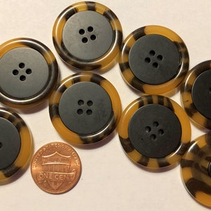 Lot of 8 Large Semi-translucent Brown & Black Faux Tortoise Plastic Sew-through Coat Buttons 1 1/8" 28mm 5840