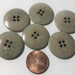 6 Vintage Glossy Muted Green 4-hole Sew-through Corozo Tagua Nut Buttons Faux Carved Flower Floral Design 24mm 15/16&quot; 11374