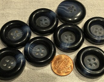 8 Large Thick Concave Dark Navy Blue Plastic Sew-through Coat Buttons Almost 1 1/8" 28mm 5/16" 8mm thick # 8130