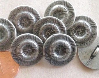 Lot of 8 Antiqued Silver Tone Metal Shank Buttons Black Accent 13/16" 20mm # 7405