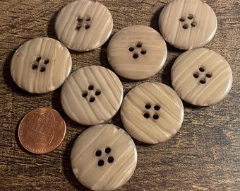 Set of 8 Vintage NOS Glossy Taupe 4-hole Sew-through Plastic Buttons 25.5mm 1" 15916