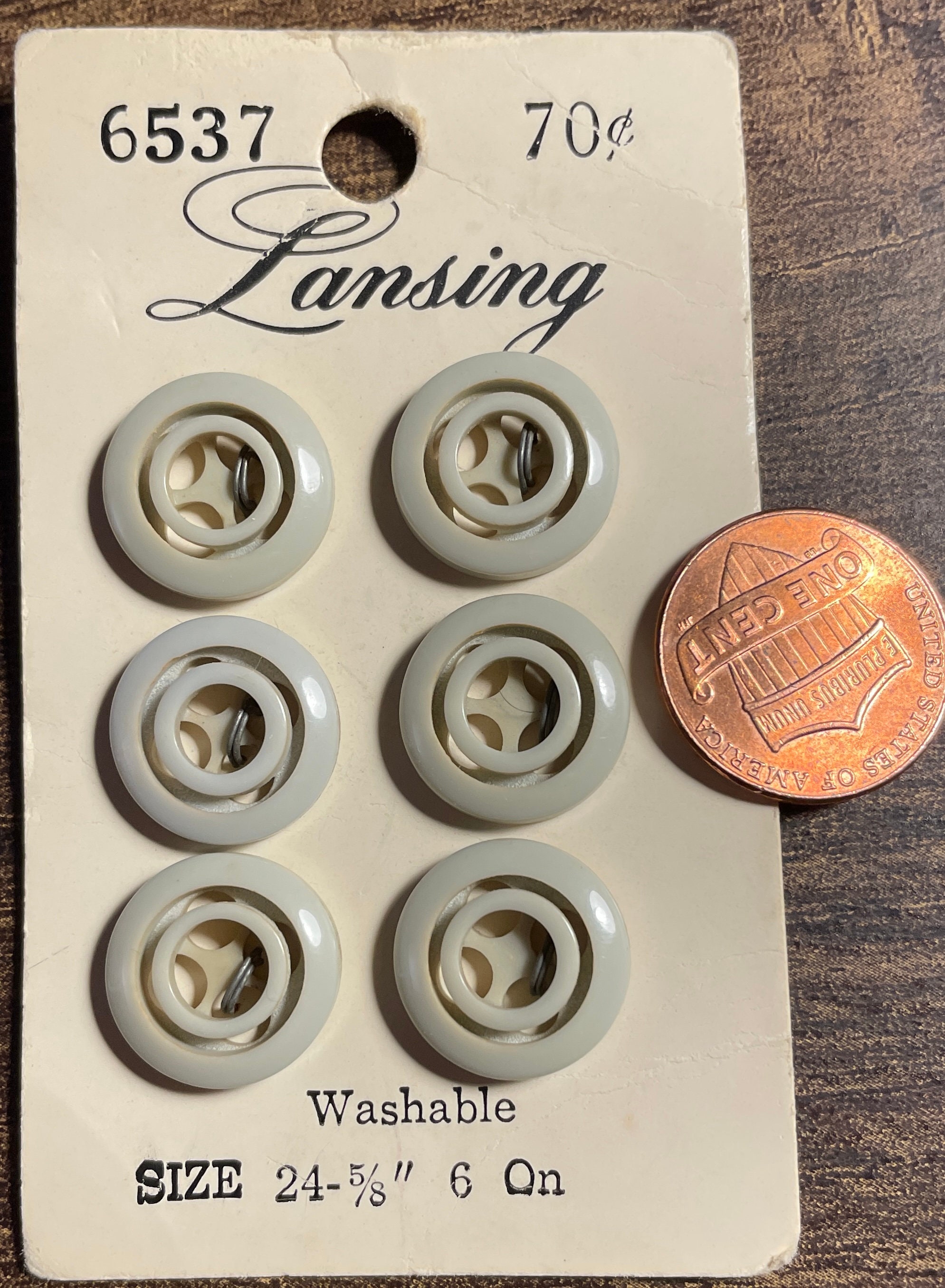 Set of 6 Vintage on Card Glossy Light Gray Plastic 4-hole