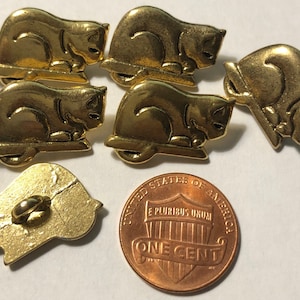 Lot of 6 JHB Unusual Polished Brass Tone Metal Shank Buttons 13/16&quot; 21mm Long 9/16&quot; 14.5mm Tall Kitty Cat Kitten Animal 11208