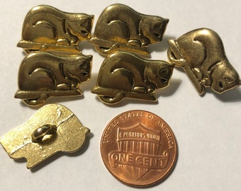 Lot of 6 JHB Unusual Polished Brass Tone Metal Shank Buttons 13/16" 21mm Long 9/16" 14.5mm Tall Kitty Cat Kitten Animal 11208